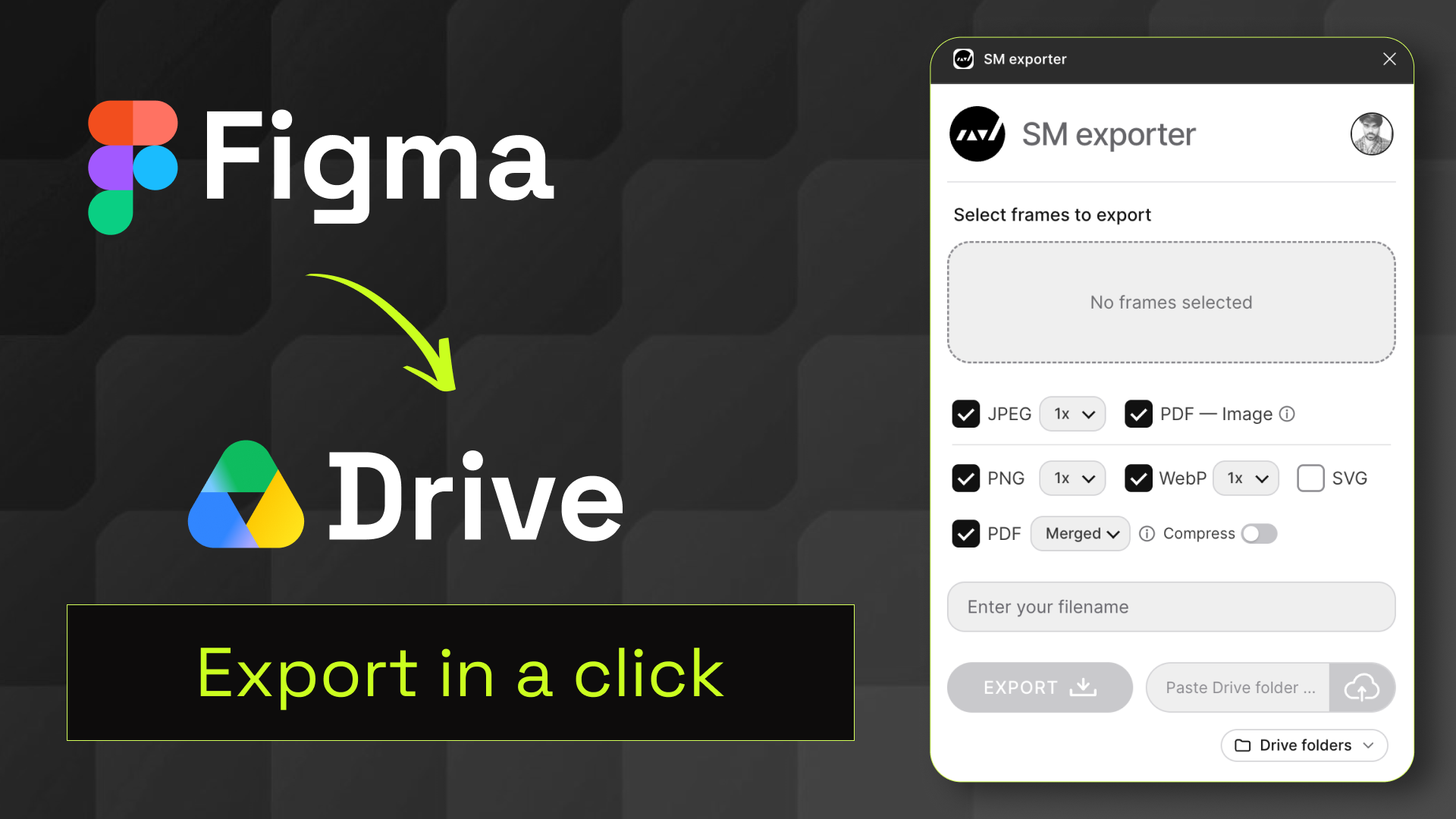 Figma editor with the SM Exporter plugin open